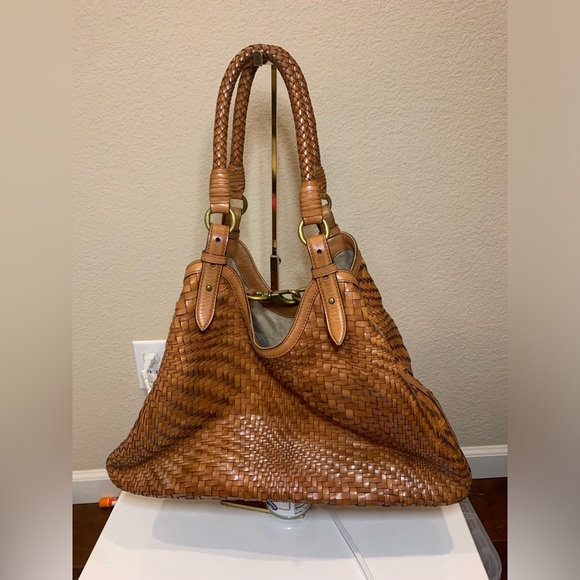 COLE HAAN Genevieve Weave Large Triangle Tote Hobo Bag Purse British Tan Cognac - Picture 1 of 11
